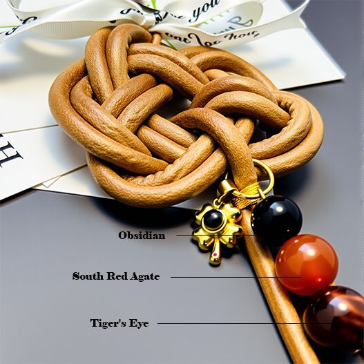 Materials diagram of the charm labeling obsidian, South Red Agate, and Tiger’s Eye gemstones.