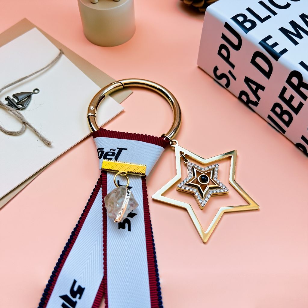 Detailed View of Citrine Crystal Pendant on Feng Shui Good Luck Ribbon Bag Charm, Customizable Lucky Charm Keychain with Natural Gemstone Accent