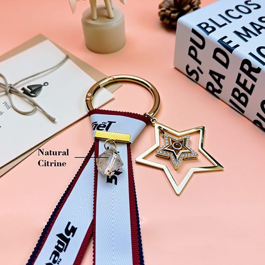 Brilliant Good Luck Ribbon Bag Charm with Natural Citrine Crystal, Personalized Feng Shui Accessory, Custom Lucky Keychain for Women and Men
