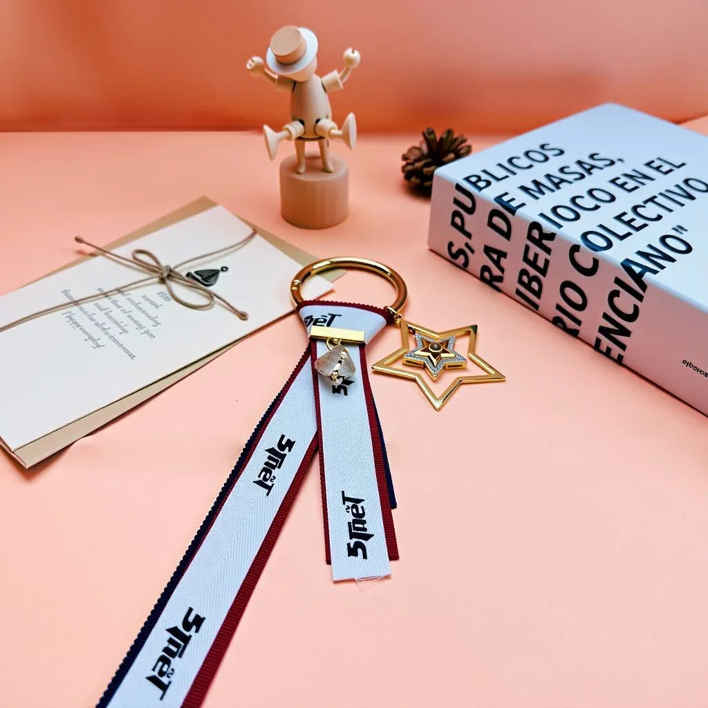 Brilliant Good Luck Ribbon Bag Charm with Raw Citrine and Custom Photo Projection