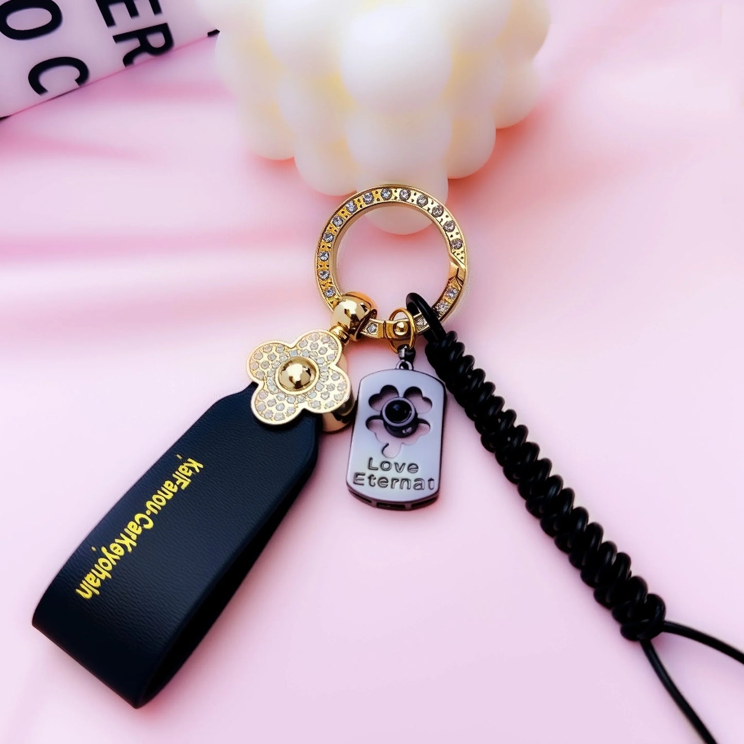 Personalized Eternal Promise Bag Charm featuring Natural Tiger's Eye and custom photo projection stone.