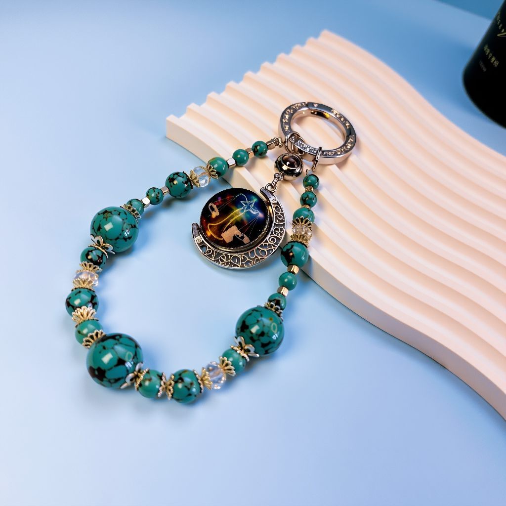 Close-up of turquoise bead zodiac bag charm featuring crystal glass details and personalized photo pendant, unique handmade lucky charm
