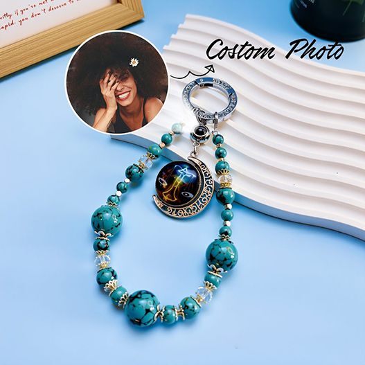 Zodiac constellation guardian bag charm with natural turquoise beads, custom photo pendant, personalized lucky charm for women, spiritual protection accessory