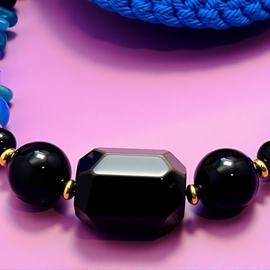 Close-up of obsidian focal bead with gold spacers on the crochet blue moon bag charm; kyanite chips and blue crystal glass accents (bagcharms)