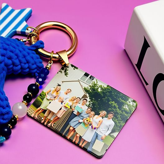 Blue moon crochet bag charm with custom photo tag, gold clasp, and gemstone beaded strap featuring clear/white quartz detail (bagcharms)