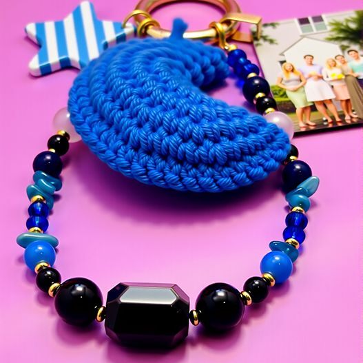 Crochet blue moon bag charm close view with lapis lazuli, kyanite, obsidian and blue crystal glass beads plus gold ring and photo tag (bagcharms)