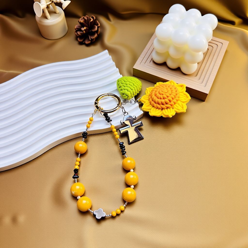 Crochet sunflower plush bag charm with beaded strap—yellow agate & red garnet, handmade leaf, optional custom name tag (bagcharms)