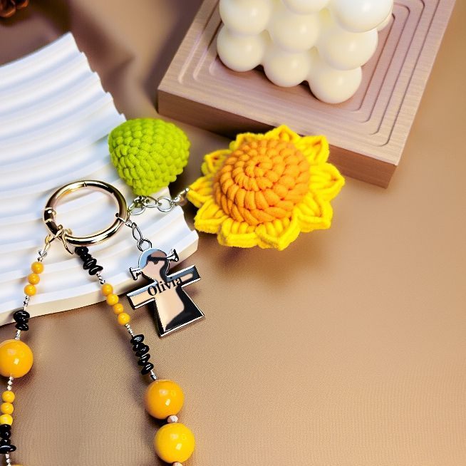 Hand-crocheted sunflower and leaf detail with custom name metal tag on plush bag charm—friendship gift accessory (bagcharms)