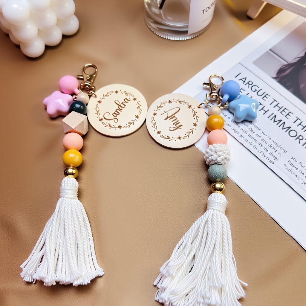 Close-up of Bohemian couple bag charm beads and tassels, featuring aventurine quartz, yellow agate, zinc alloy beads, personalized engraving, handmade love and connection accessory