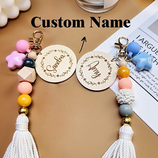 Bohemian couple keychain bag charm with personalized name tags, colorful beads, tassels, love and connection series, romantic gift accessory, custom bag charm for couples, unique handmade purse charm