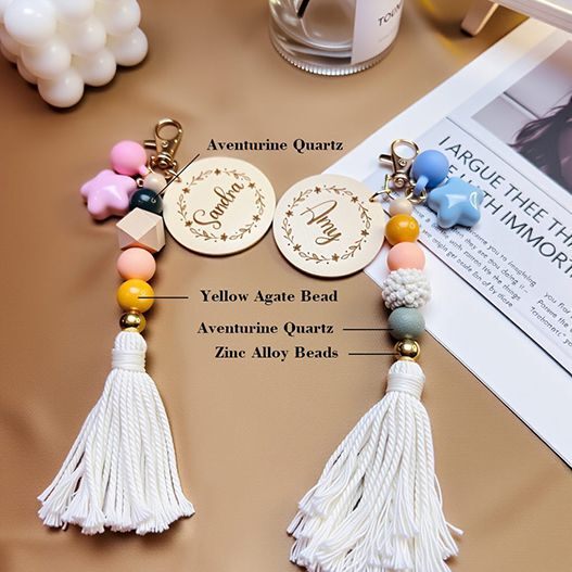 Bohemian couple bag charm with white tassels, colorful beads including aventurine quartz, yellow agate, zinc alloy beads, personalized name tags, handmade purse accessory, love and connection series, custom keychain charm for couples