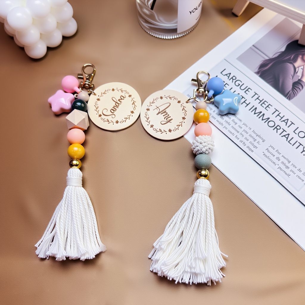 Bohemian couple bag charm with colorful beads and white tassels, personalized name tags, handcrafted purse accessory, love and connection collection, stylish keychain charm for couples