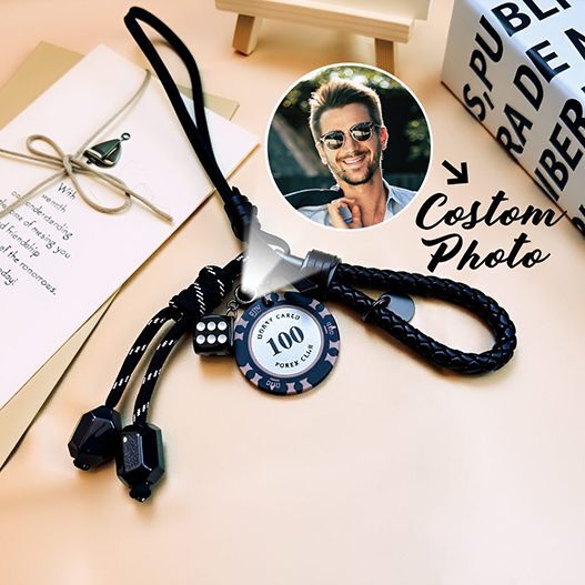 Customizable luck dice and poker chip bag charm with braided strap, fortune and protection series, personalized photo keychain, wealth attracting amulet, men's and women's trendy handbag accessory