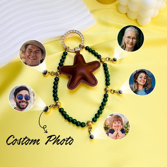 Personalized family tree bag charm showing custom photo feature, leather star pendant, treated green quartz beads, customized keychain for meaningful gifts