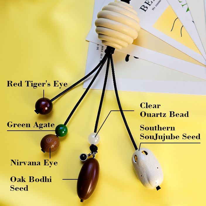 Bohemian bag charm chain material details showing natural wood beads, glass beads, and brass alloy components, handcrafted colorful beads and tassel, perfect for custom personalized bag accessory and gifts