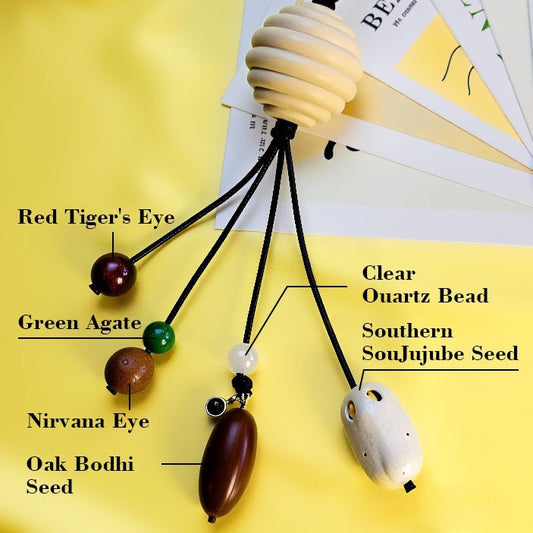 Bohemian bag charm chain material details showing natural wood beads, glass beads, and brass alloy components, handcrafted colorful beads and tassel, perfect for custom personalized bag accessory and gifts