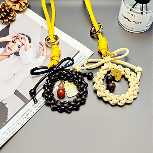 Set of two handwoven couple wreath bag charms—dark and cream leather, gemstone beads, personalized tags—perfect wedding favors (bagcharms)