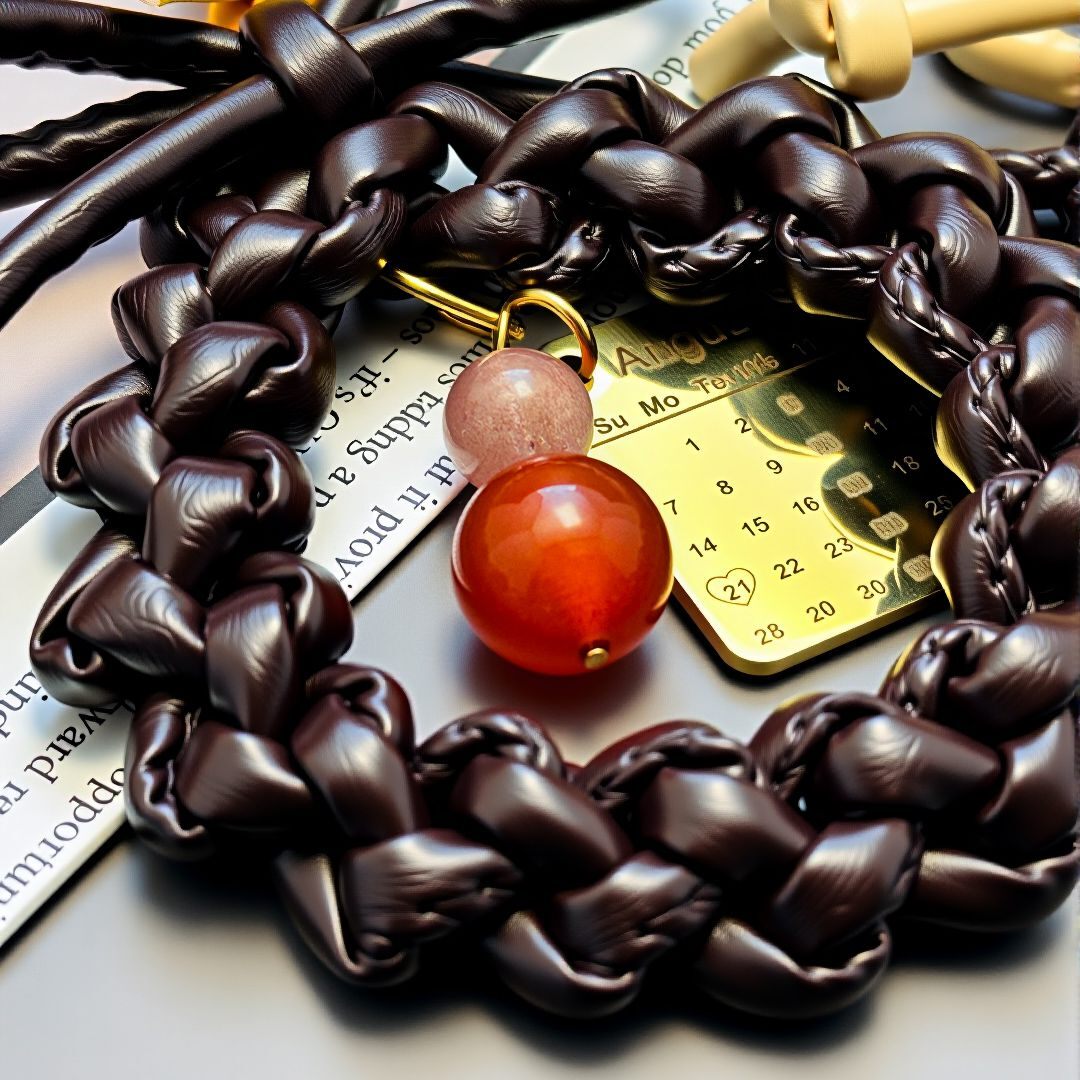 Close-up of dark handwoven leather wreath bag charm with South Red Agate and Rose Quartz beads, gold date tag and bow (bagcharms)