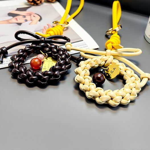 Pair of handwoven leather wreath bag charms with gemstone beads and personalized initials/date tags—wedding favor gift (bagcharms)