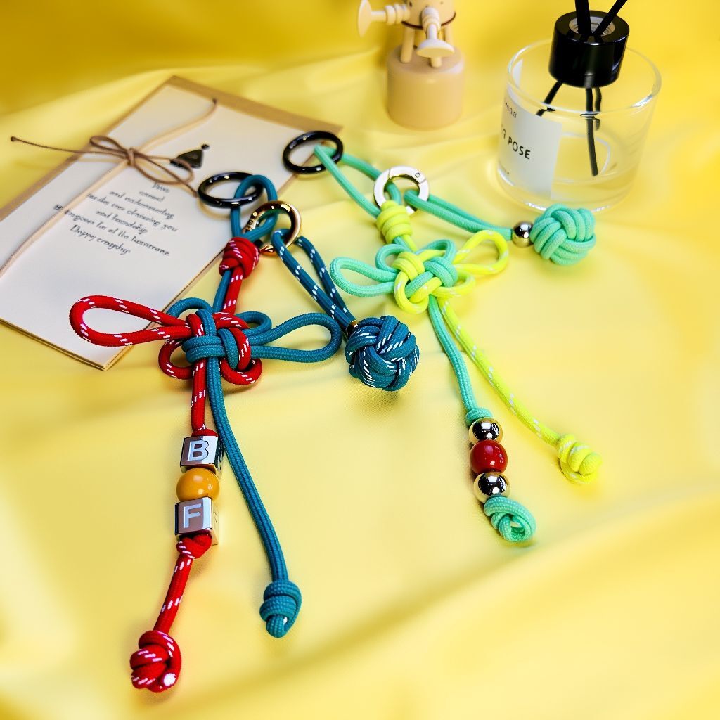 Set of colorful lucky knot fortune ball bag charms with optional custom initials — braided cord bag accessories.