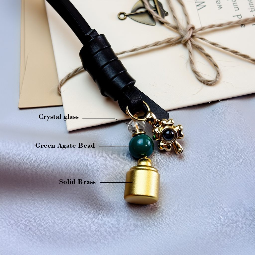 Material details of brass Good Fortune bag charm with green agate bead, crystal glass, and solid brass components, handcrafted feng shui accessory