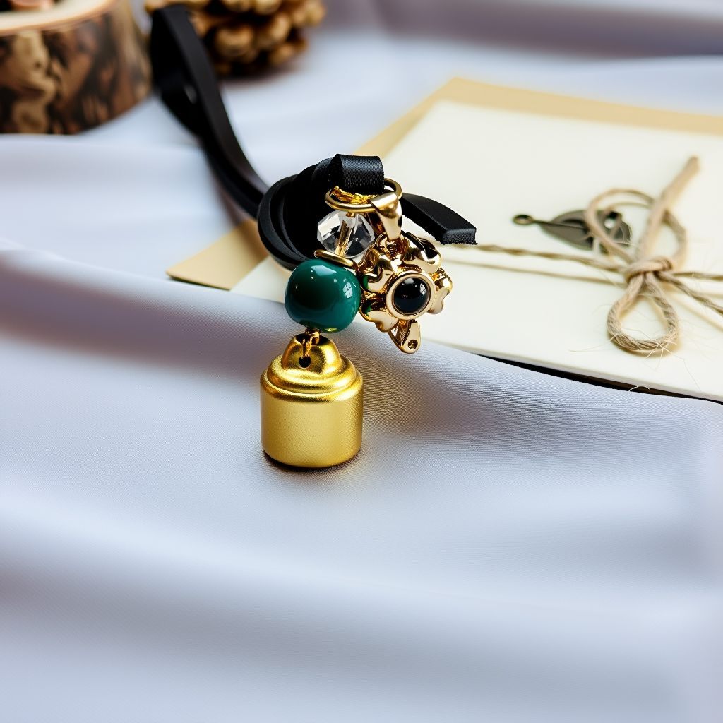 Close-up of brass Good Fortune bag charm details showing solid brass, green agate bead, and crystal glass craftsmanship, handmade spiritual charm