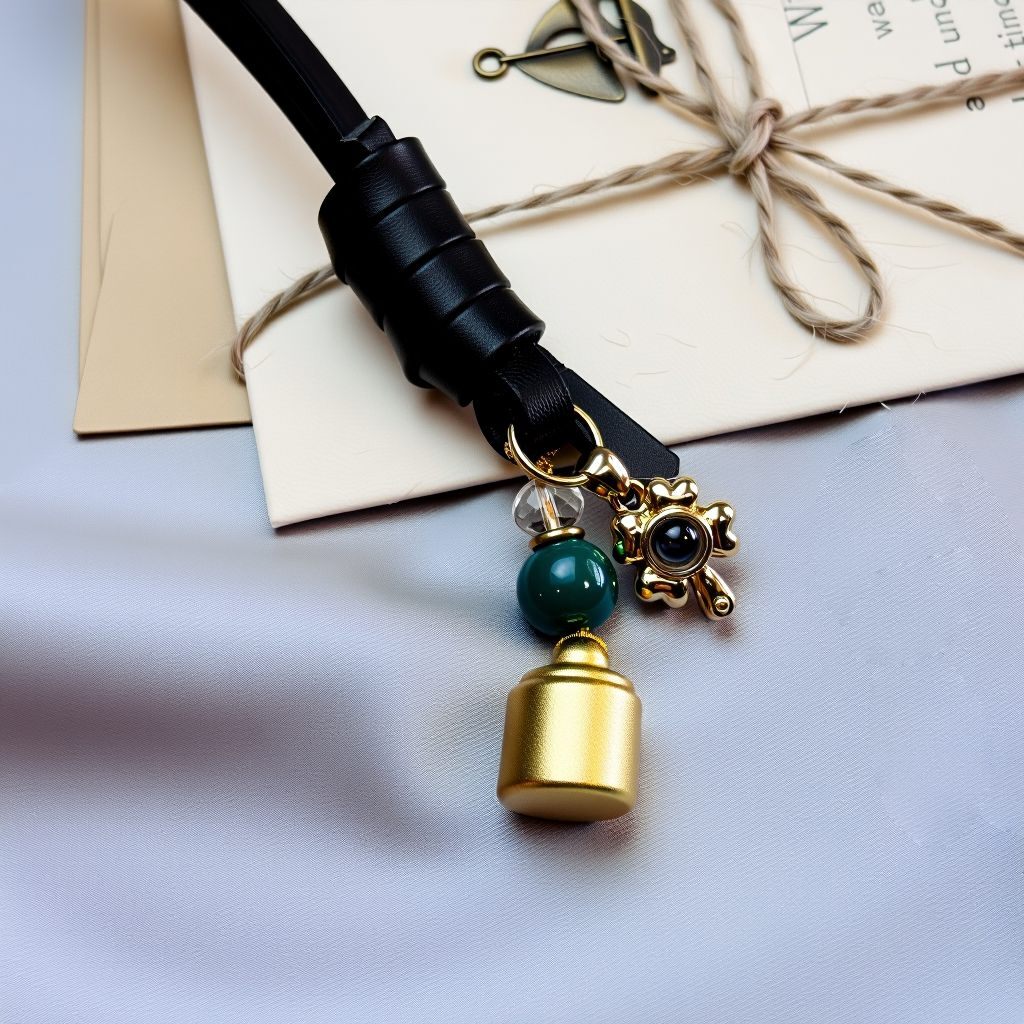 Brass Good Fortune bag charm featuring green agate and crystal glass beads, elegant feng shui accessory for personalized handbags and keychains