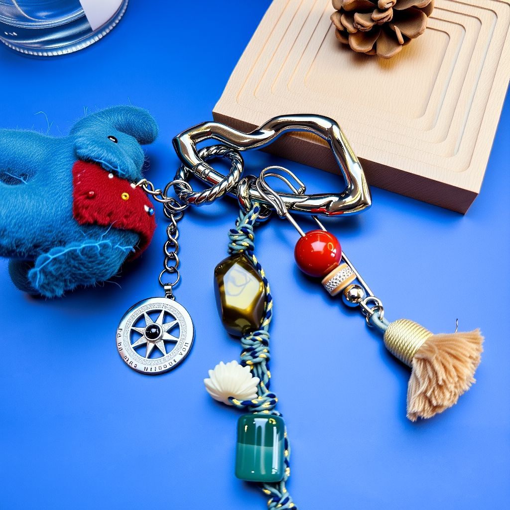 Handmade Nepal wool-felt elephant bag charm with cinnabar bead, beeswax amber tassel and malachite cylinder bead, flat lay.