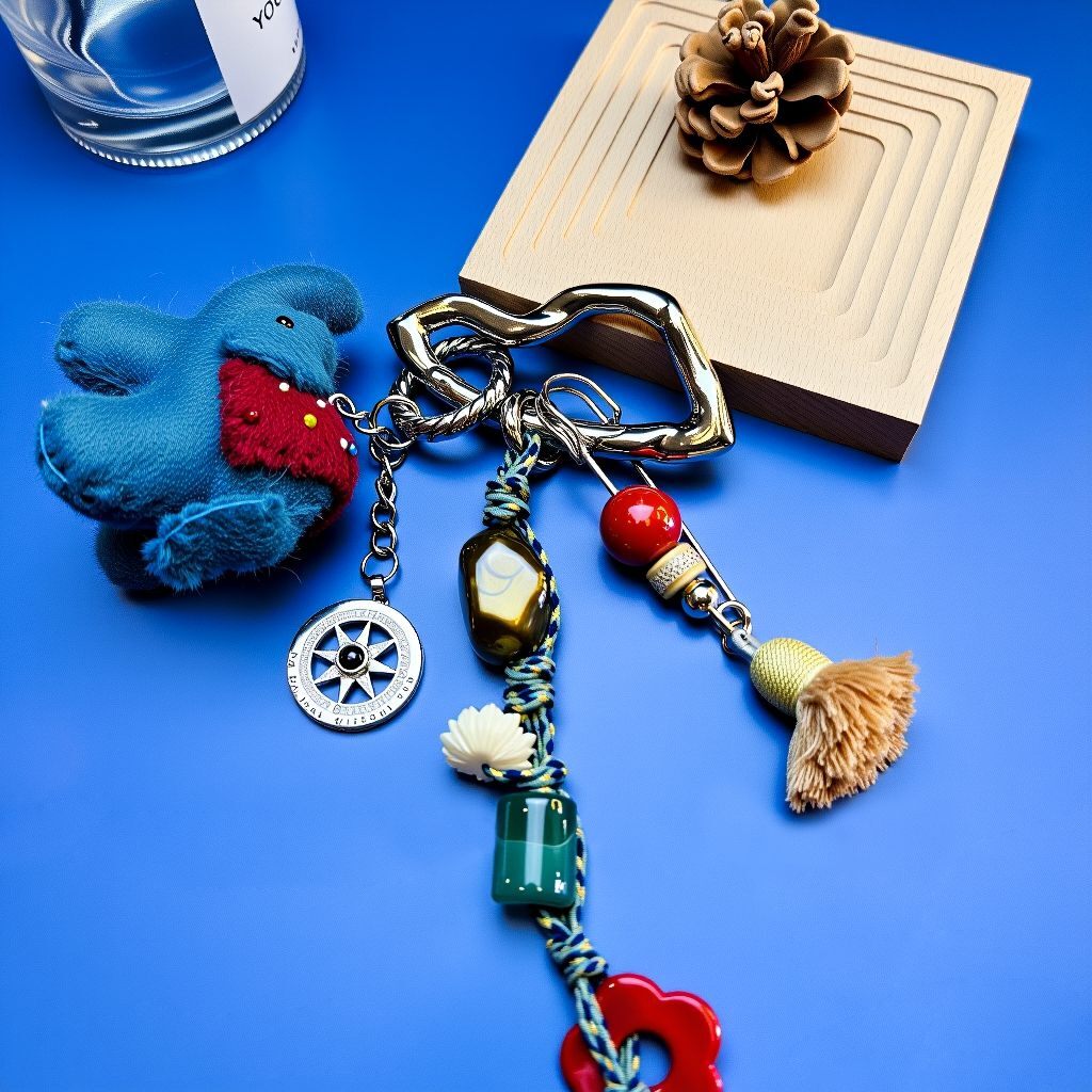 Labeled materials of elephant bag charm showing handmade Nepalese wool felt, cinnabar beads, beeswax amber and malachite bead.