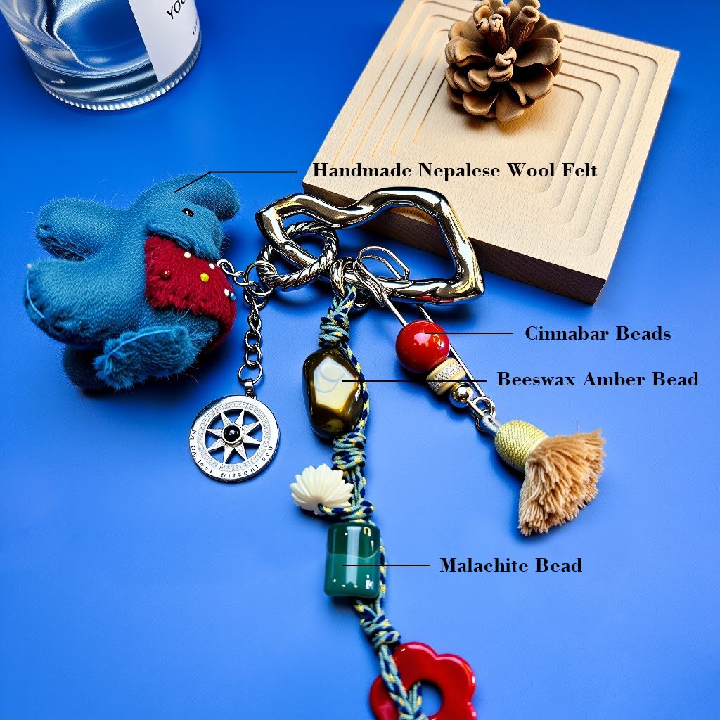 Full view of lucky elephant bag charm with heart-shaped clip, compass charm, tassel and mixed energy stones.