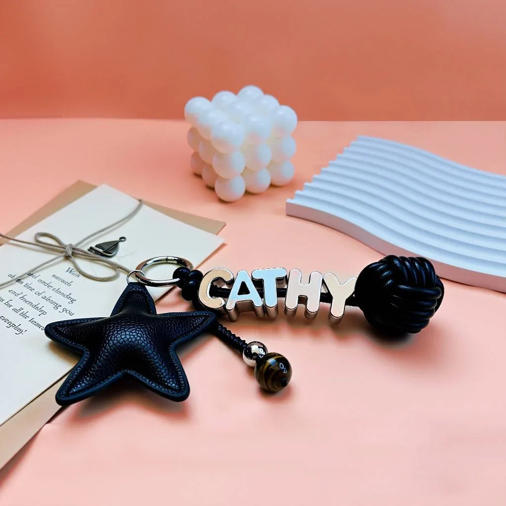 Personalized Leather Lucky Star and Ball Bag Charm with Custom Electroplated Name Letters