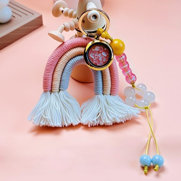 Close-up of Tibetan Rainbow Tassel Bag Charm Featuring Yellow Agate Bead and Natural Crystal Details, Handcrafted Personalized Feng Shui Accessory