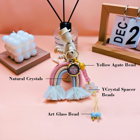 Personalized Tibetan Rainbow Tassel Bag Charm Material Description with Natural Crystals, Yellow Agate Bead, YCrystal Spacer Beads, and Art Glass Bead, Handmade Spiritual Lucky Keychain, Tibetan Style Good Fortune Bag Pendant