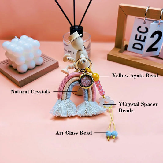 Personalized Tibetan Rainbow Tassel Bag Charm Material Description with Natural Crystals, Yellow Agate Bead, YCrystal Spacer Beads, and Art Glass Bead, Handmade Spiritual Lucky Keychain, Tibetan Style Good Fortune Bag Pendant