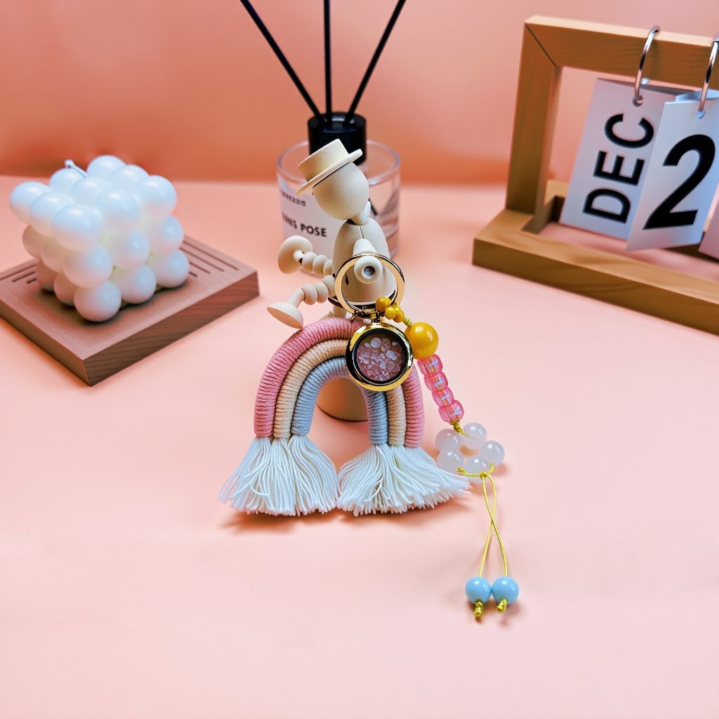 Handmade Tibetan Rainbow Tassel Bag Charm with Natural Crystals and Yellow Agate Beads, Personalized Lucky Keychain for Good Fortune and Spiritual Protection