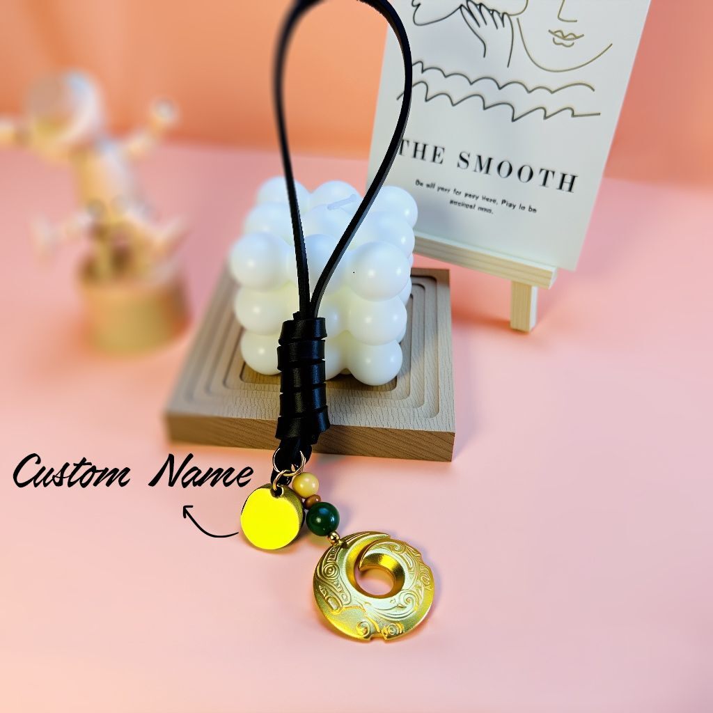 Brass fortune totem bag charm featuring a custom name tag and green agate beads, a handmade feng shui lucky charm for personalized style