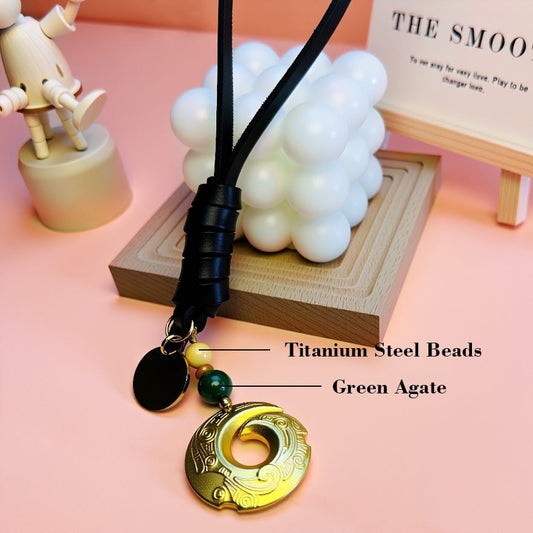 Fortune totem bag charm crafted with brass, green agate, and titanium steel beads, designed for spiritual protection and good luck