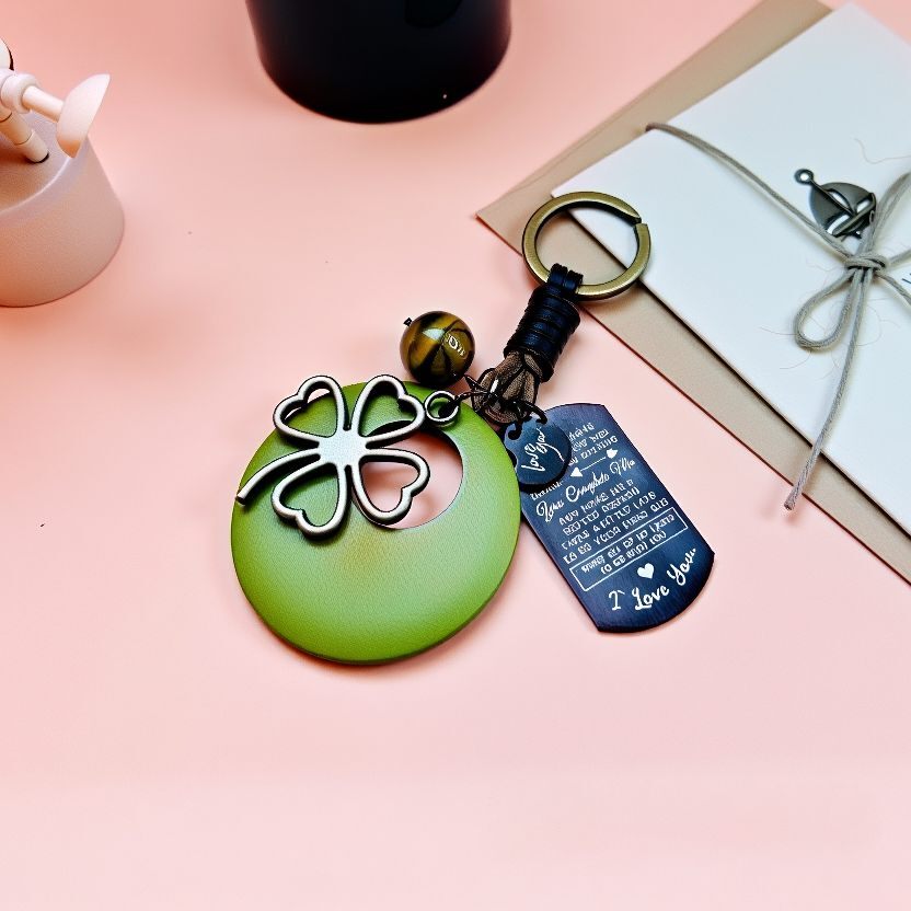 Personalized four leaf clover leather bag charm with custom text tag and natural tiger's eye stone, unique handmade accessory for luck and style
