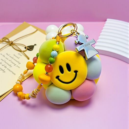 Smiley sunflower plush bag charm with mini coin/earbuds pouch and beaded energy stones—kawaii bag accessory for girls and kids (bagcharms)