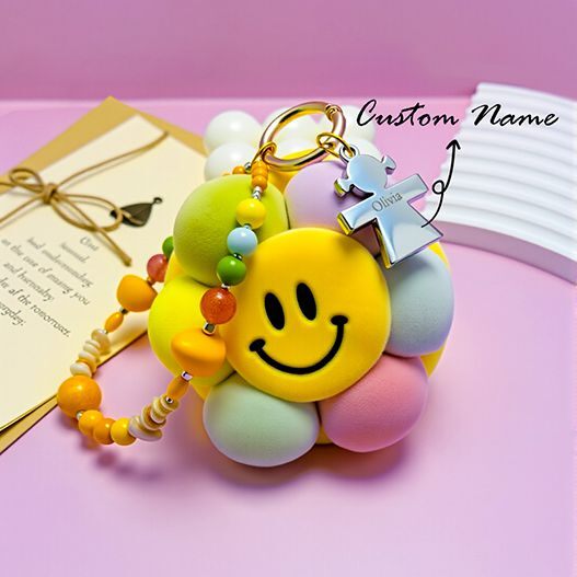 Smiley sunflower plush bag charm with mini coin/earbuds pouch, beaded strap and optional custom name charm—cute girls/kids bag accessory (bagcharms)