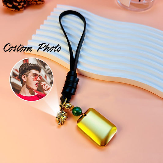 Solid brass peace and safety plaque bag charm with custom photo, green agate bead, and handmade lucky charm accessory for protection and good luck