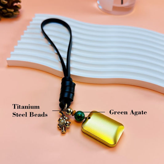 Solid brass peace and safety bag charm with green agate and titanium steel beads, handmade lucky charm accessory for protection and good fortune