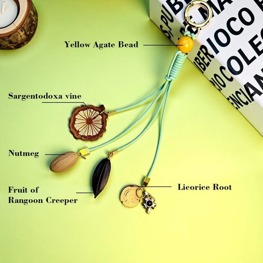 Close-up of the handcrafted herbal sachet and polished natural Yellow Agate beads