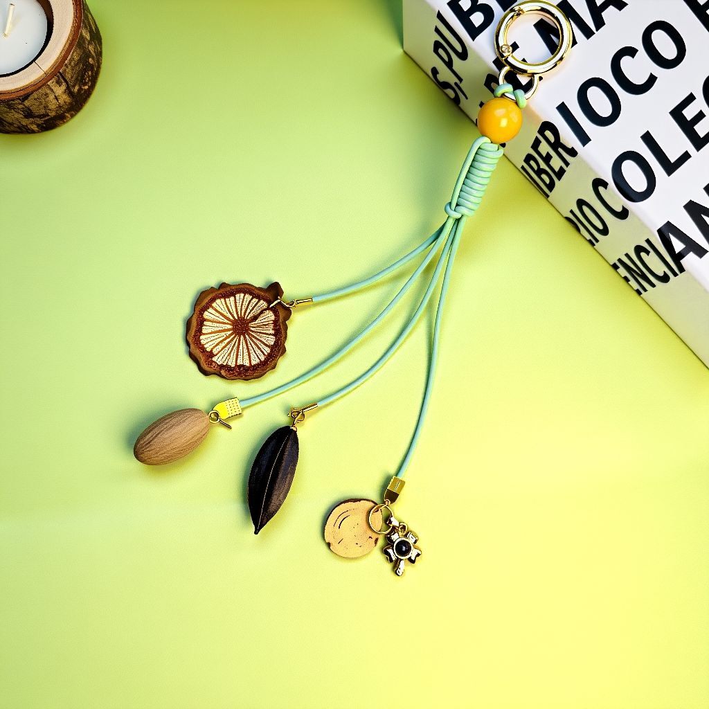 Traditional Chinese medicine inspired health amulet bag charm with yellow agate and natural plant beads, personalized spiritual bag accessory for good fortune and wellness