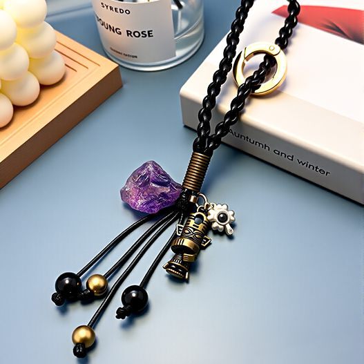 Travel bronze totem bag charm with amethyst and obsidian—braided strap, protective energy, meaningful friendship gift (bagcharms)