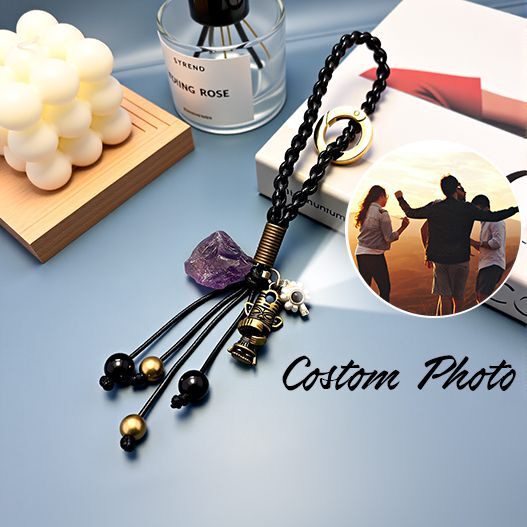 Travel bronze totem bag charm with amethyst, obsidian and copper beads on braided strap—custom photo option (bagcharms)