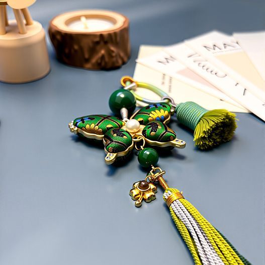 Song brocade butterfly travel bag charm with pearl center, green agate bead and two-tone tassel—heritage craft (bagcharms)