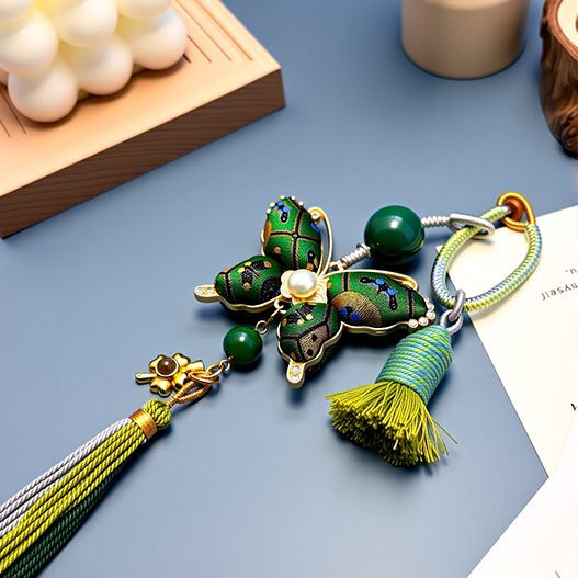 Handcrafted Song brocade butterfly bag charm in green tones with tassel and loop—travel souvenir accessory (bagcharms)