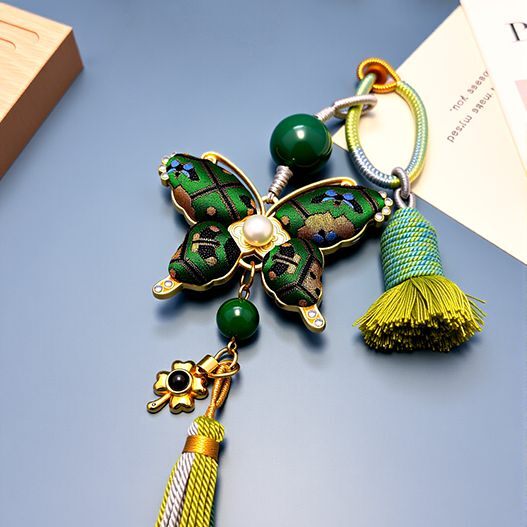 Front view of Song brocade butterfly bag charm with pearl, green agate accent and tassel—elegant travel keepsake (bagcharms)