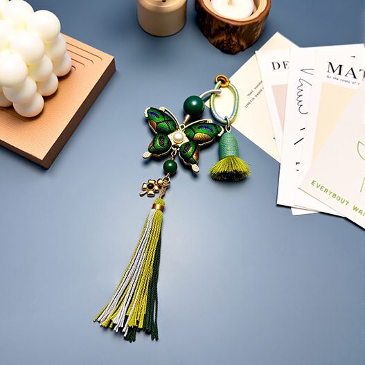 Song brocade butterfly travel bag charm with green tassel, pearl center, green agate and chalcedony accents—friendship gift (bagcharms)